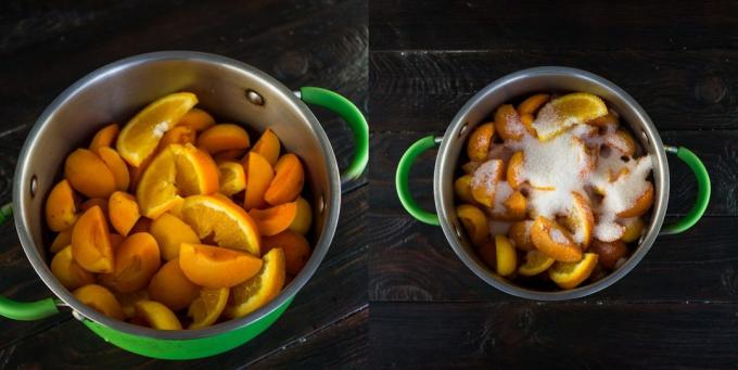 खुबानी और संतरे से जाम: फल, चीनी डालना