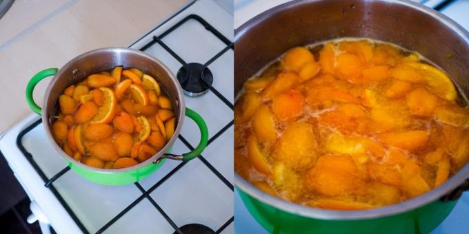 खुबानी और संतरे से जाम: चूल्हे पर बर्तन रखो