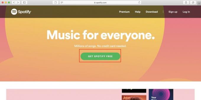 रूस में Spotify का उपयोग कैसे करें: खुले Spotify वेबसाइट और प्राप्त Spotify मुक्त बटन पर क्लिक करें