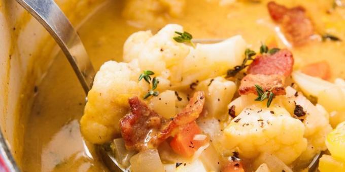 बेकन और फूलगोभी के साथ सूप: जल्दबाजी में रात के खाने के व्यंजनों