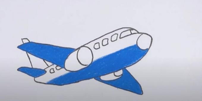 एक हवाई जहाज कैसे आकर्षित करें: ड्राइंग को सर्कल करें और नीले रंग को जोड़ें