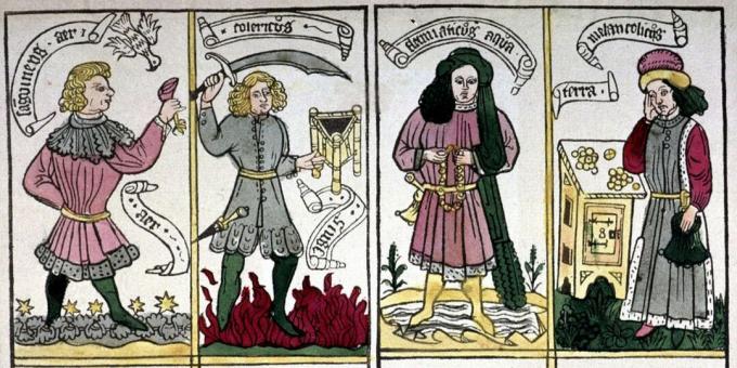 मध्यकालीन चिकित्सा: चार हास्य का व्यक्तित्व, जर्मन उत्कीर्णन, 1460-1470
