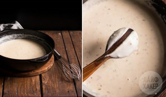 देहाती कद्दू, आलू और अजवाइन पाई के लिए सॉस कैसे बनाएं: दूध को गाढ़ा होने दें, मध्यम आँच पर लगभग 5 मिनट तक हिलाएँ।