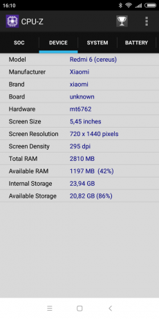 Xiaomi रेडमी 6: सीपीयू-जेड