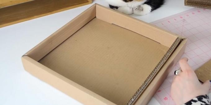 DIY बिल्ली खुरचनी पोस्ट: बॉक्स में चिपके स्ट्रिप्स डालें