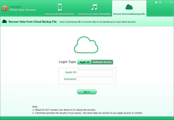 Tenorshare iPhone डेटा रिकवरी: प्रमाणीकरण iCloud खाते का उपयोग कर